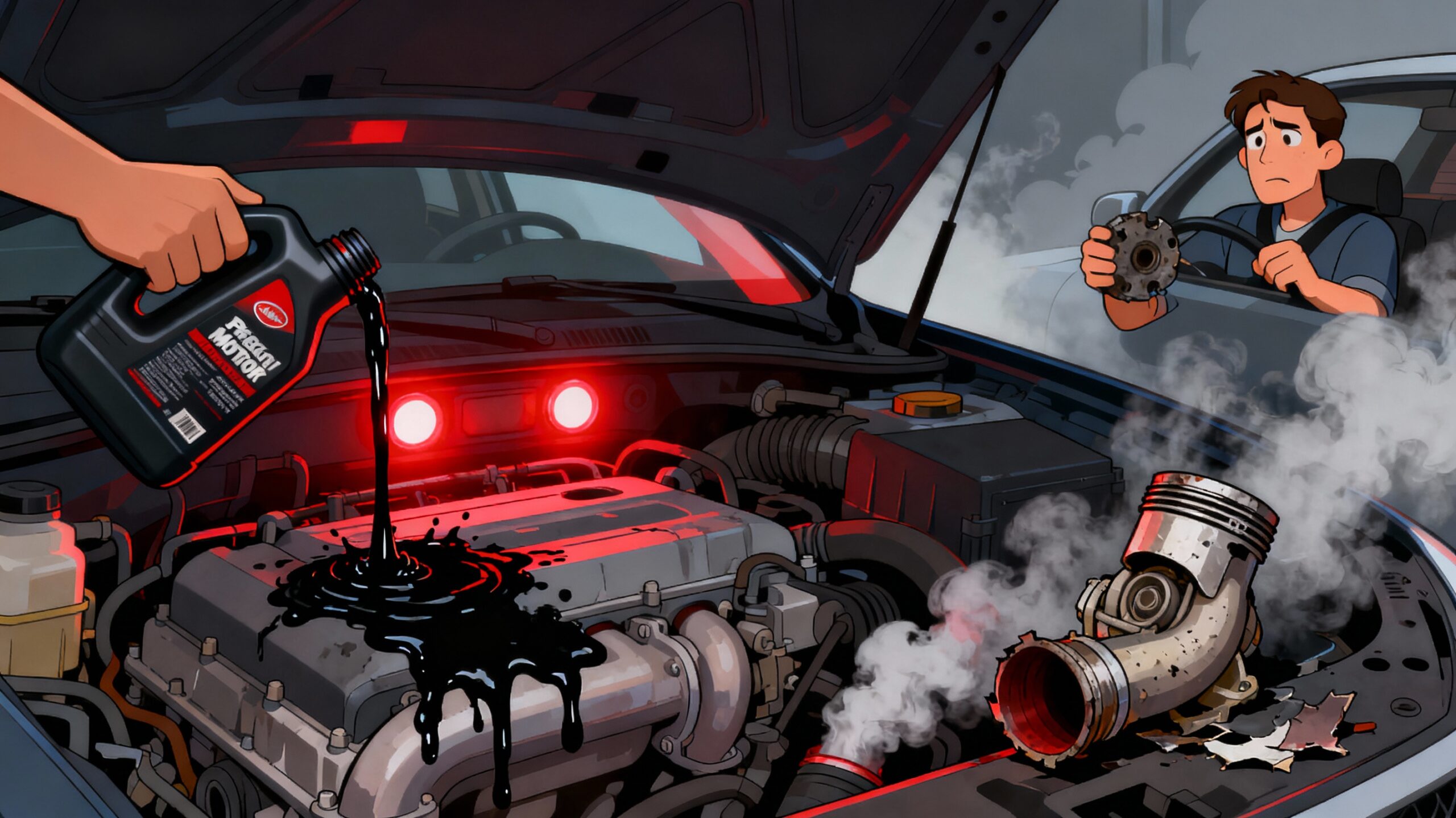 High-quality 2D animated illustration showing a cheap motor oil bottle leaking black sludge into a car engine, glowing red warning lights, destroyed turbo, smoke from exhaust, frustrated driver holding a damaged piston. Dynamic lighting, clean magazine style, no text on image, dramatic composition.